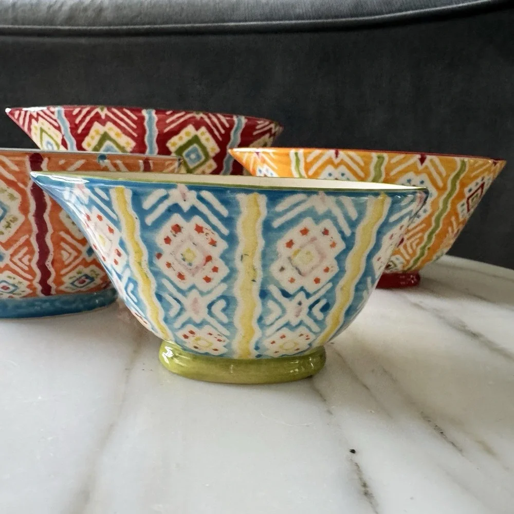 Retired Pier 1 Set of 4 Bohemian Floral Multi-Color Ceramic Measuring Cups